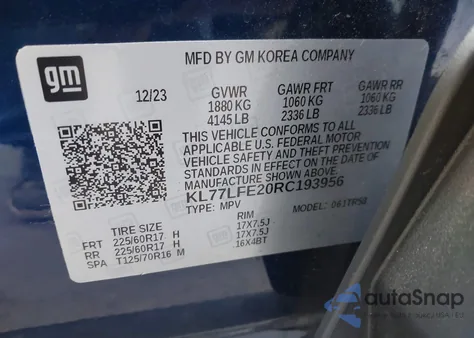 2024 Chevrolet Trax Fwd Sp from USA, damaged, VIN KL77LFE20RC193956